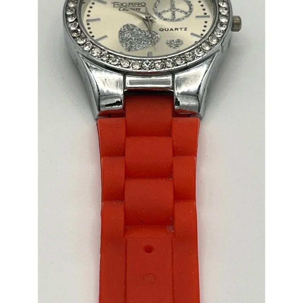 Figaro Couture Red Silicone Rhinestone Peace Heart Quartz Fashion Watch